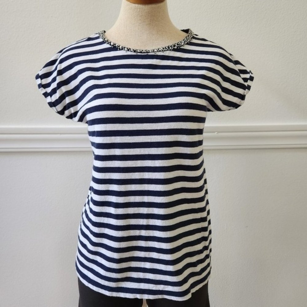 JCPenney Women’s  Tee T-Shirt Navy White Stripes Rhinestone Accents Large